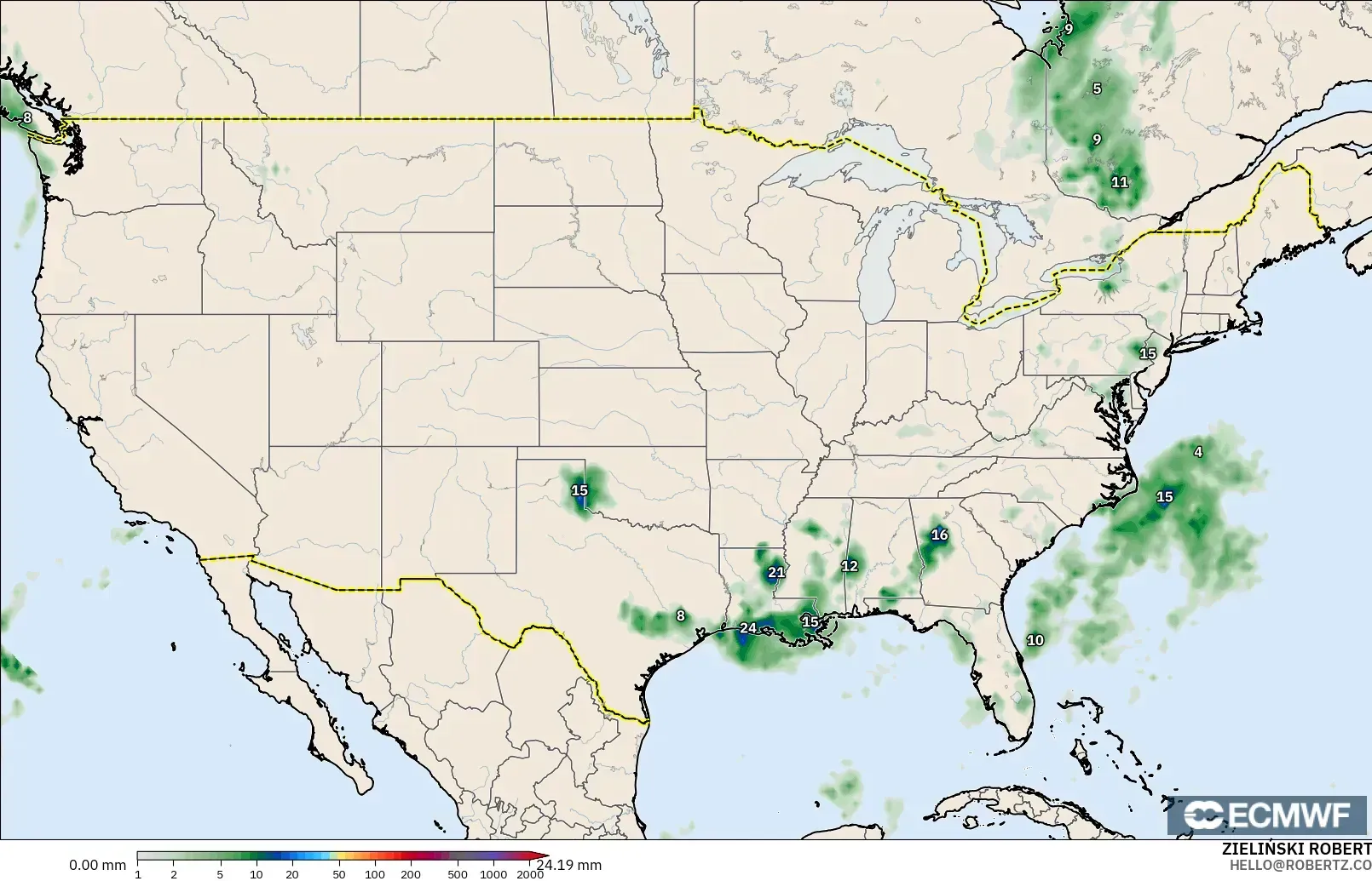 ECMWF IFS 0.25° モデル - アメリカ合衆国, 降水量の合計