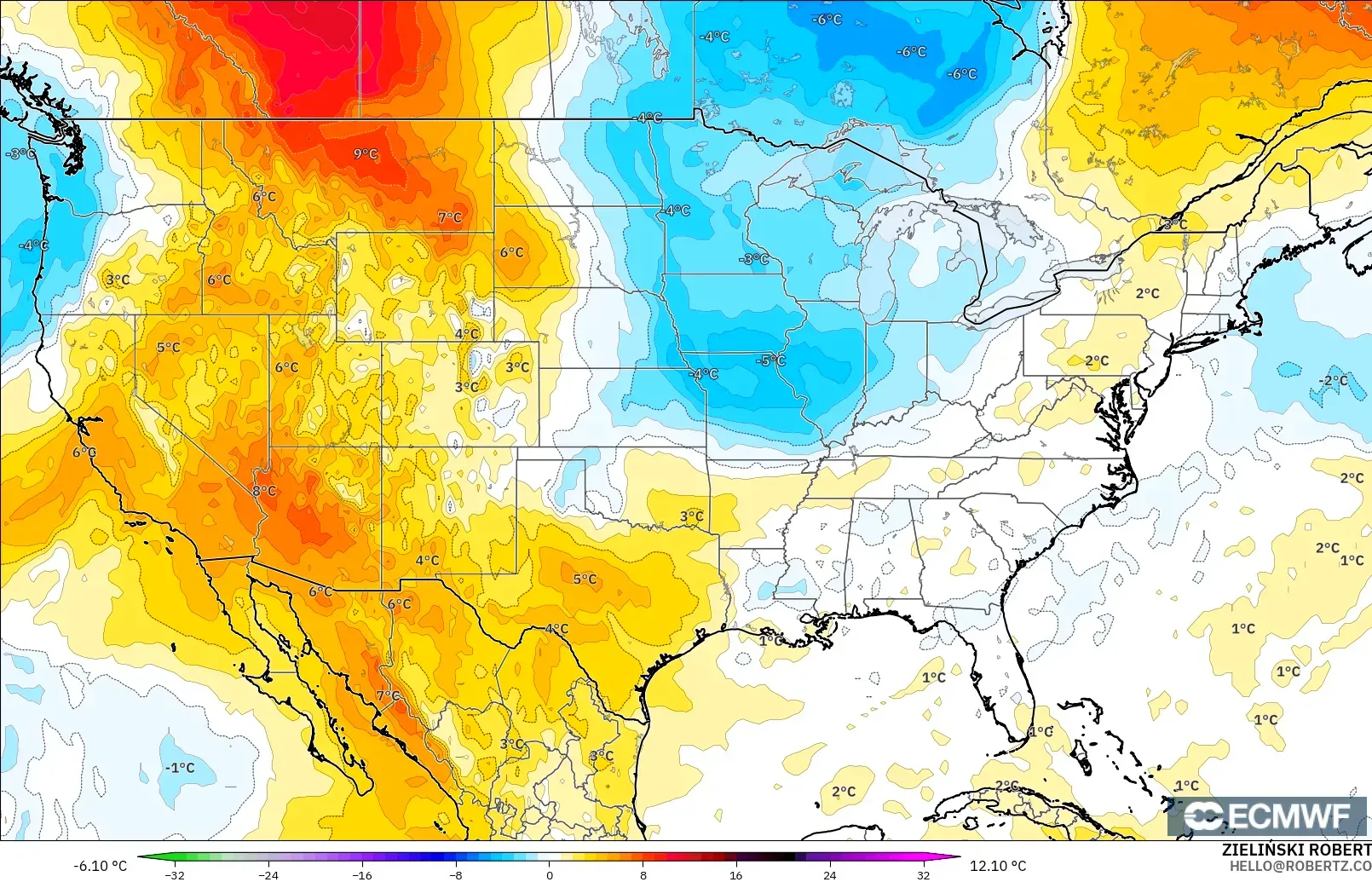 ECMWF IFS 0.25° モデル - アメリカ合衆国, 気温異常（850hPa）