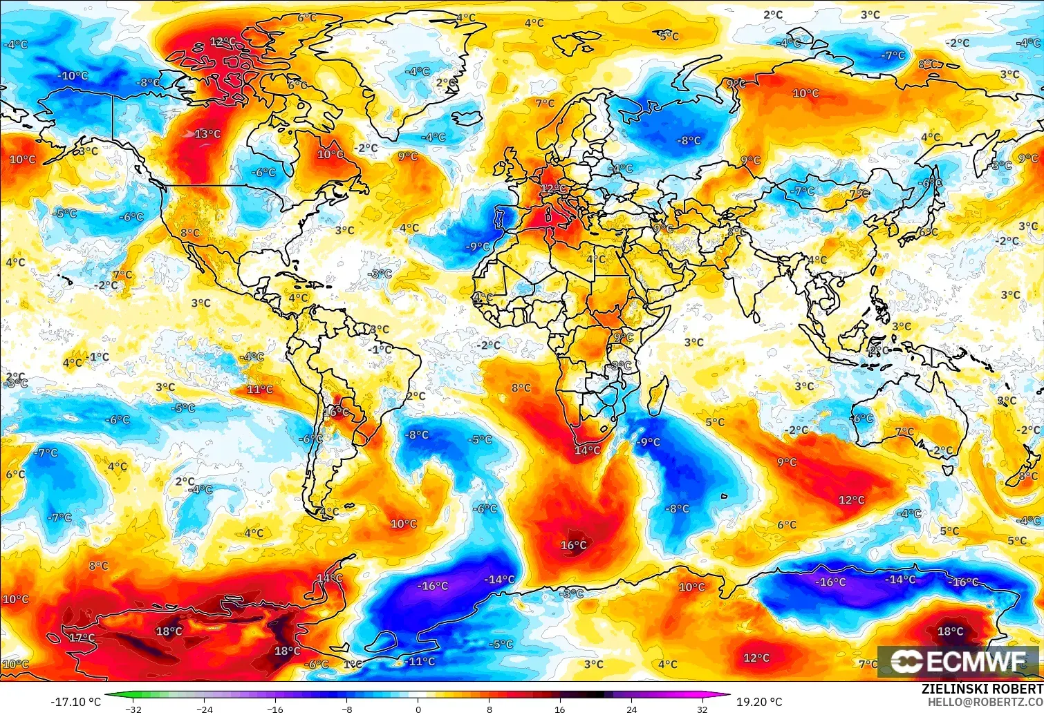 ECMWF IFS 0.25° モデル - 世界, 気温異常（850hPa）