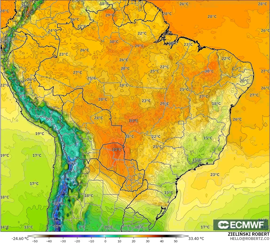 ECMWF IFS 0.25° モデル - ブラジル, 気温（2m）