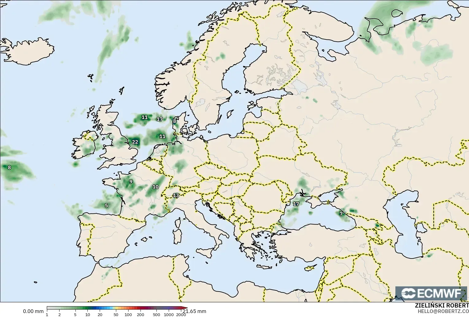 ECMWF IFS 0.25° モデル - ヨーロッパ, 降水量の合計