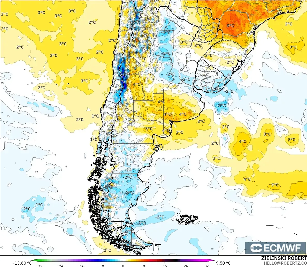 ECMWF IFS 0.25° モデル - アルゼンチン, 気温異常（2m）