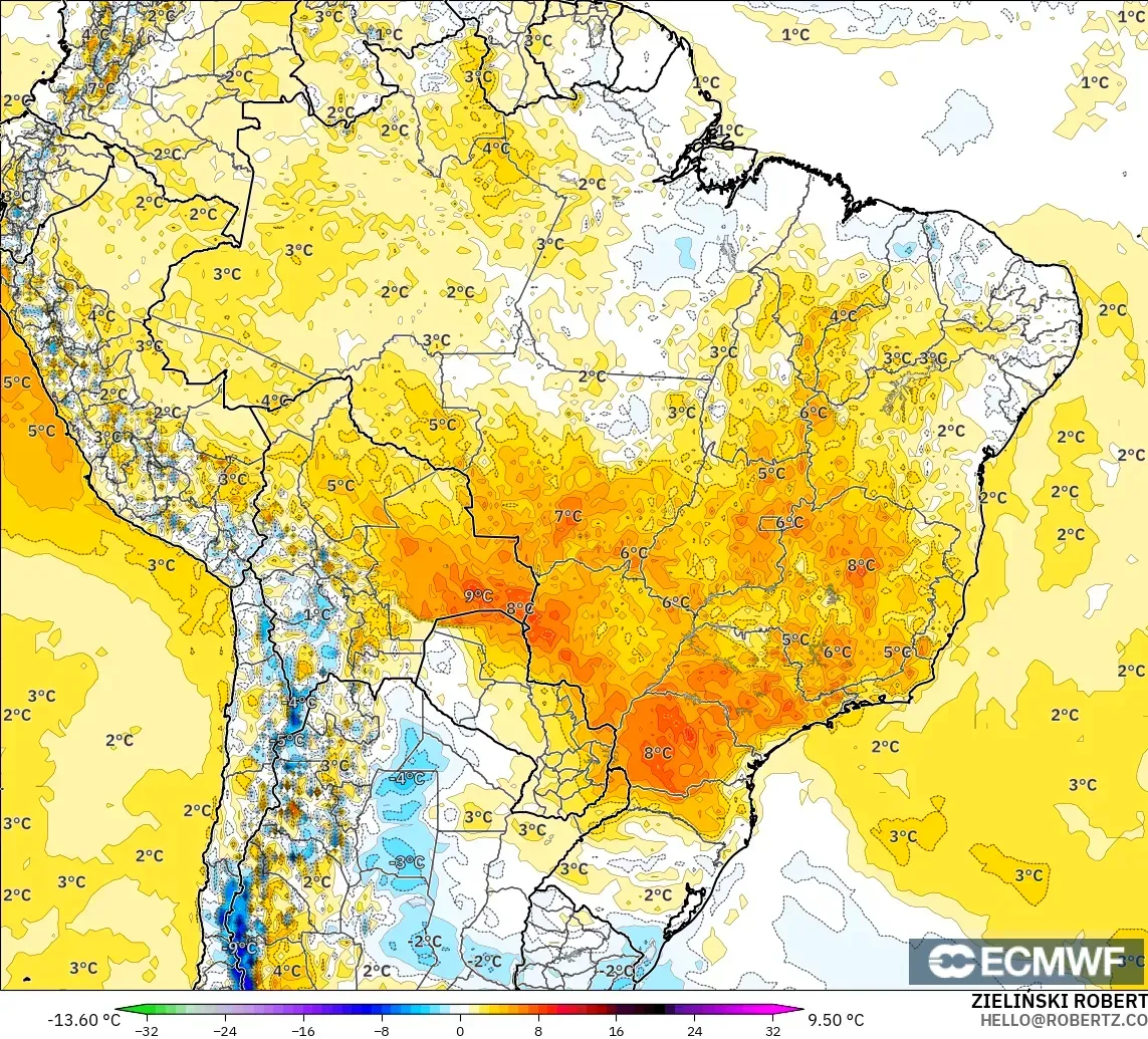 ECMWF IFS 0.25° モデル - ブラジル, 気温異常（2m）