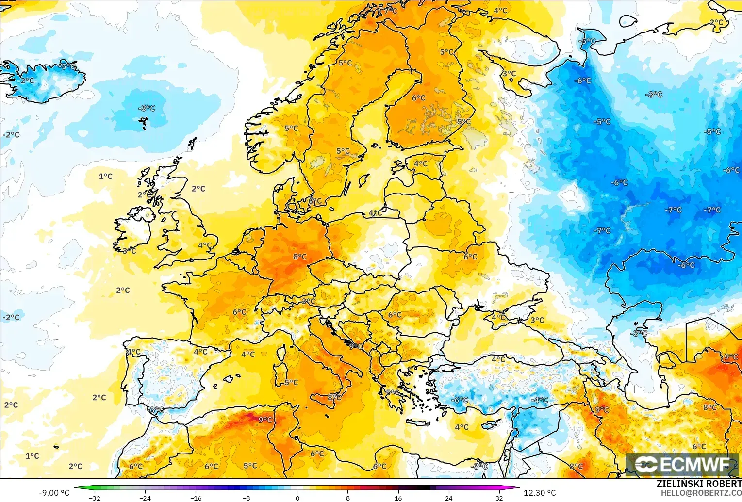 ECMWF IFS 0.25° モデル - ヨーロッパ, 気温異常（2m）