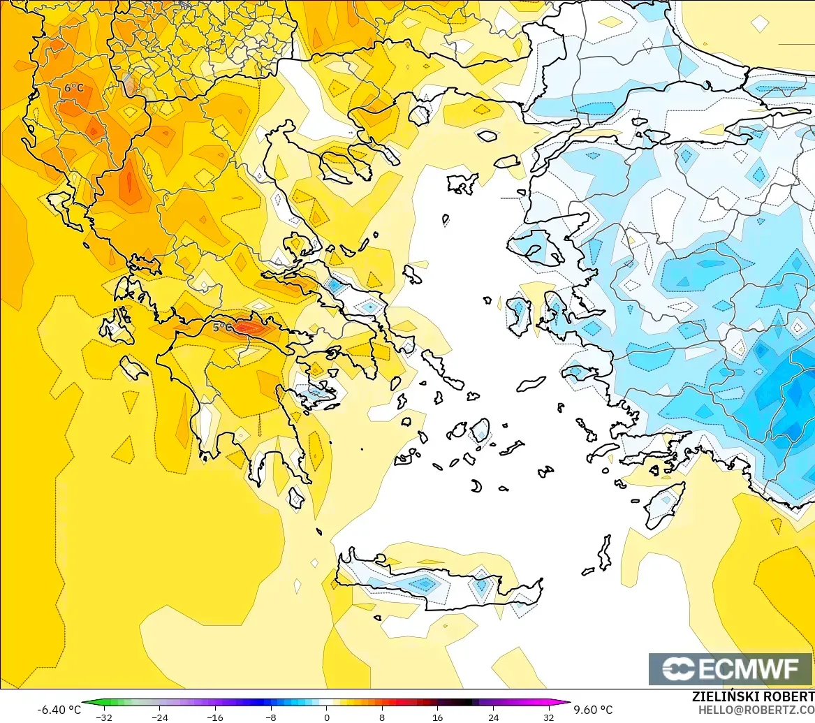 ECMWF IFS 0.25° モデル - ギリシャ, 気温異常（2m）