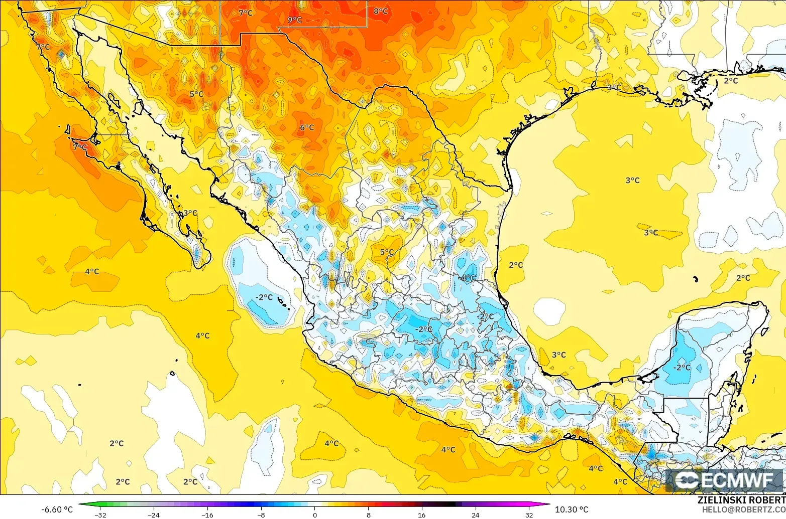ECMWF IFS 0.25° モデル - メキシコ, 気温異常（2m）