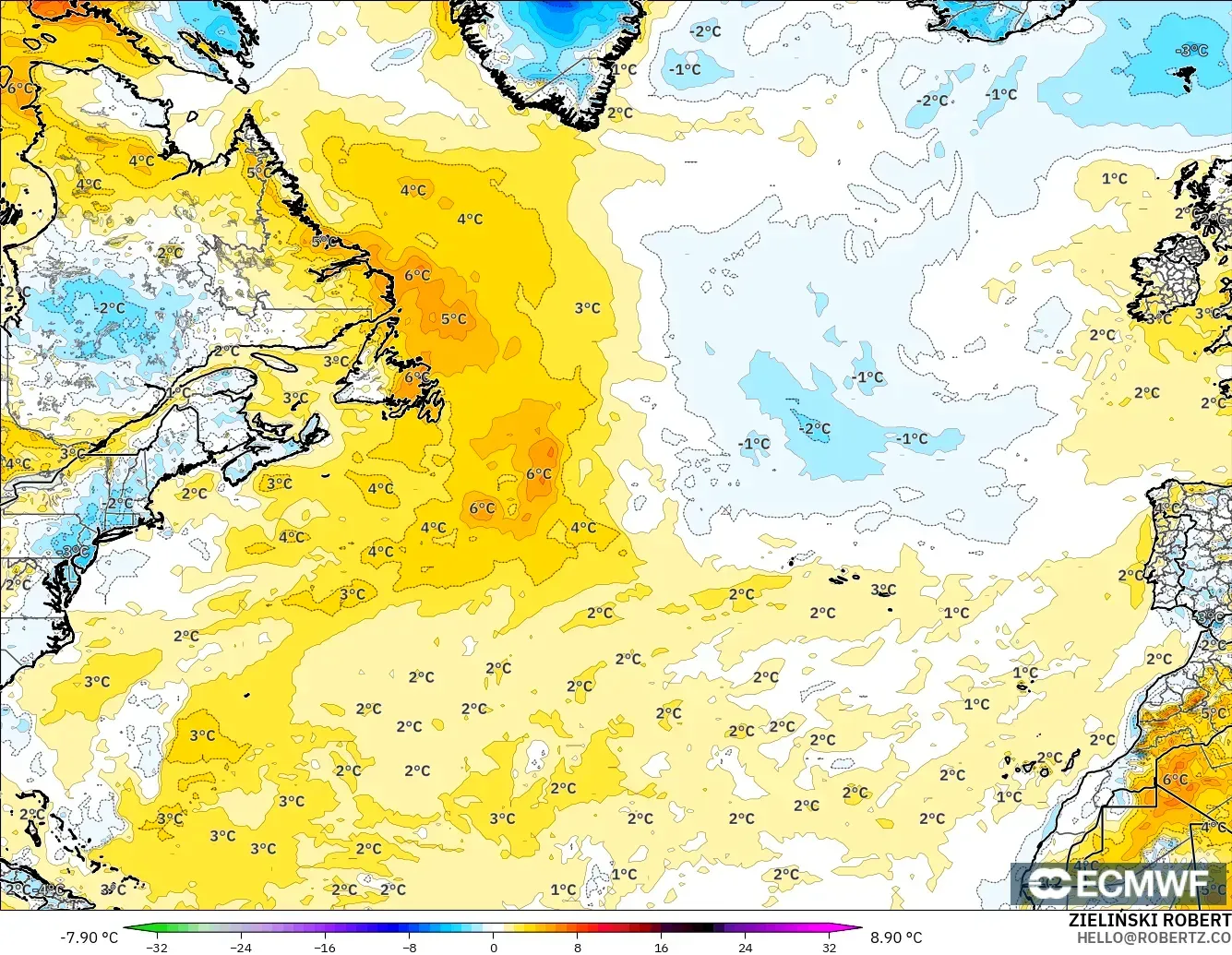 ECMWF IFS 0.25° モデル - 北大西洋, 気温異常（2m）