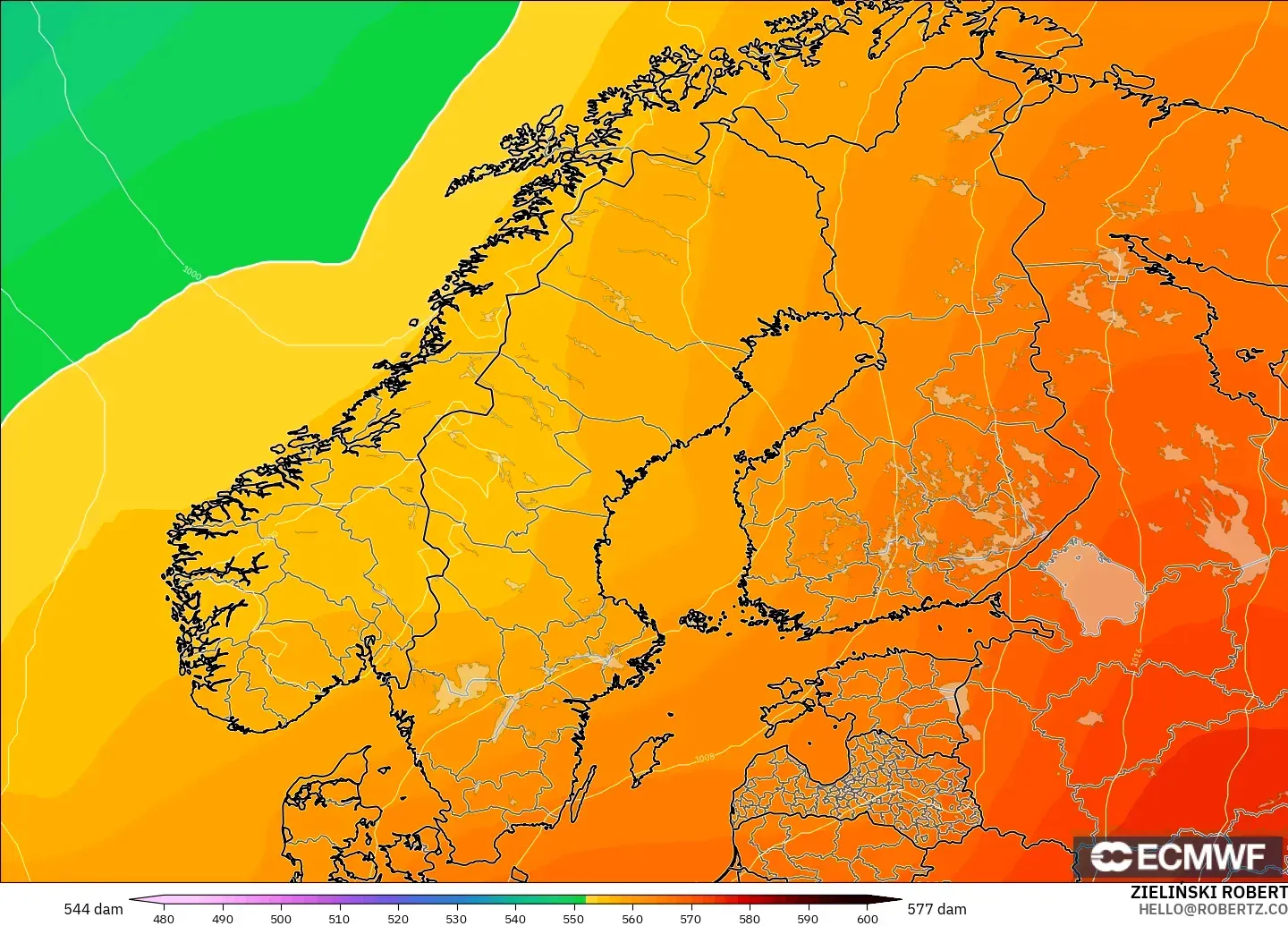 ECMWF IFS 0.25° モデル - スカンジナビア, 500hPaのジオポテンシャル高度