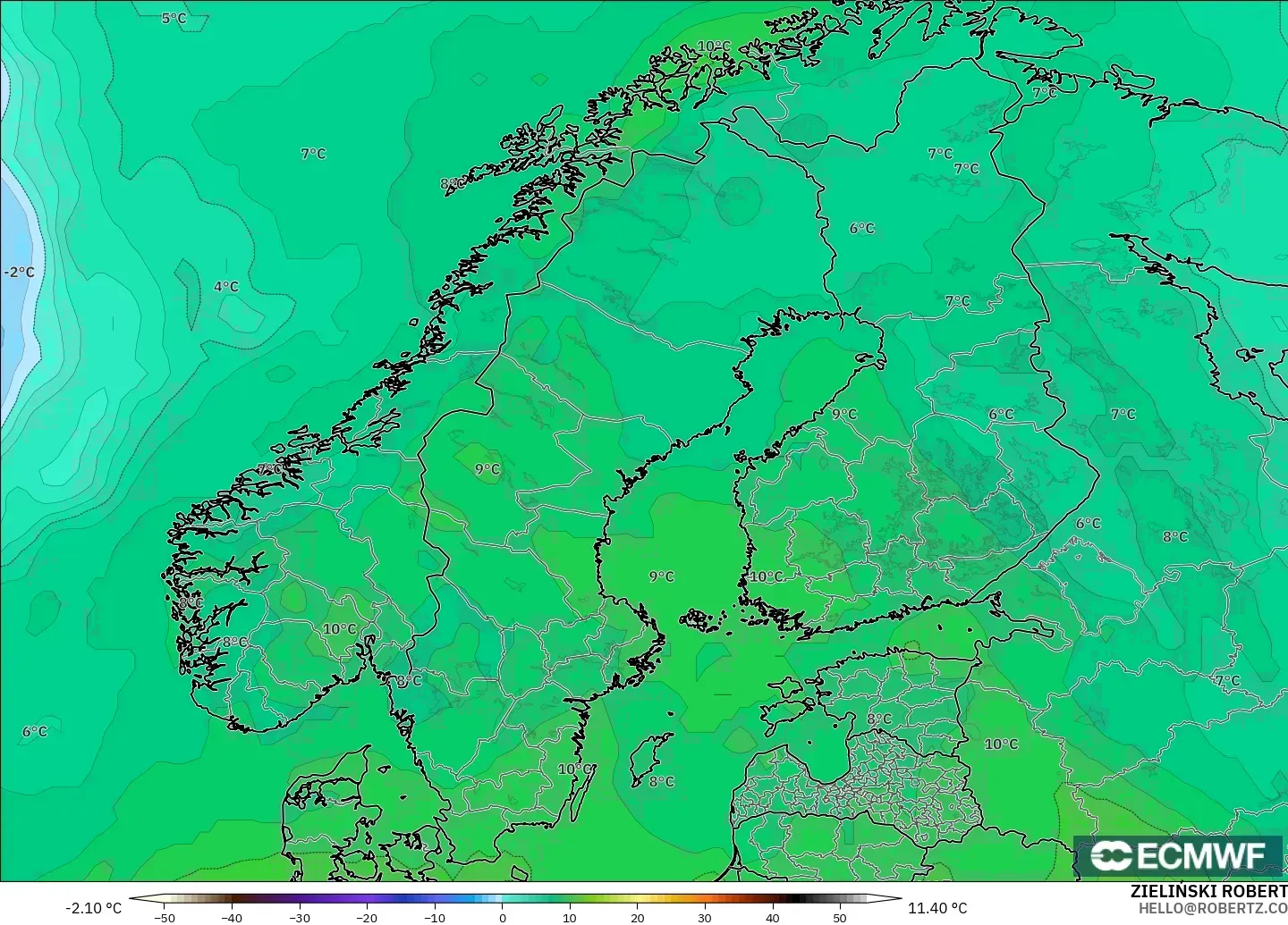ECMWF IFS 0.25° モデル - スカンジナビア, 気温（850hPa）
