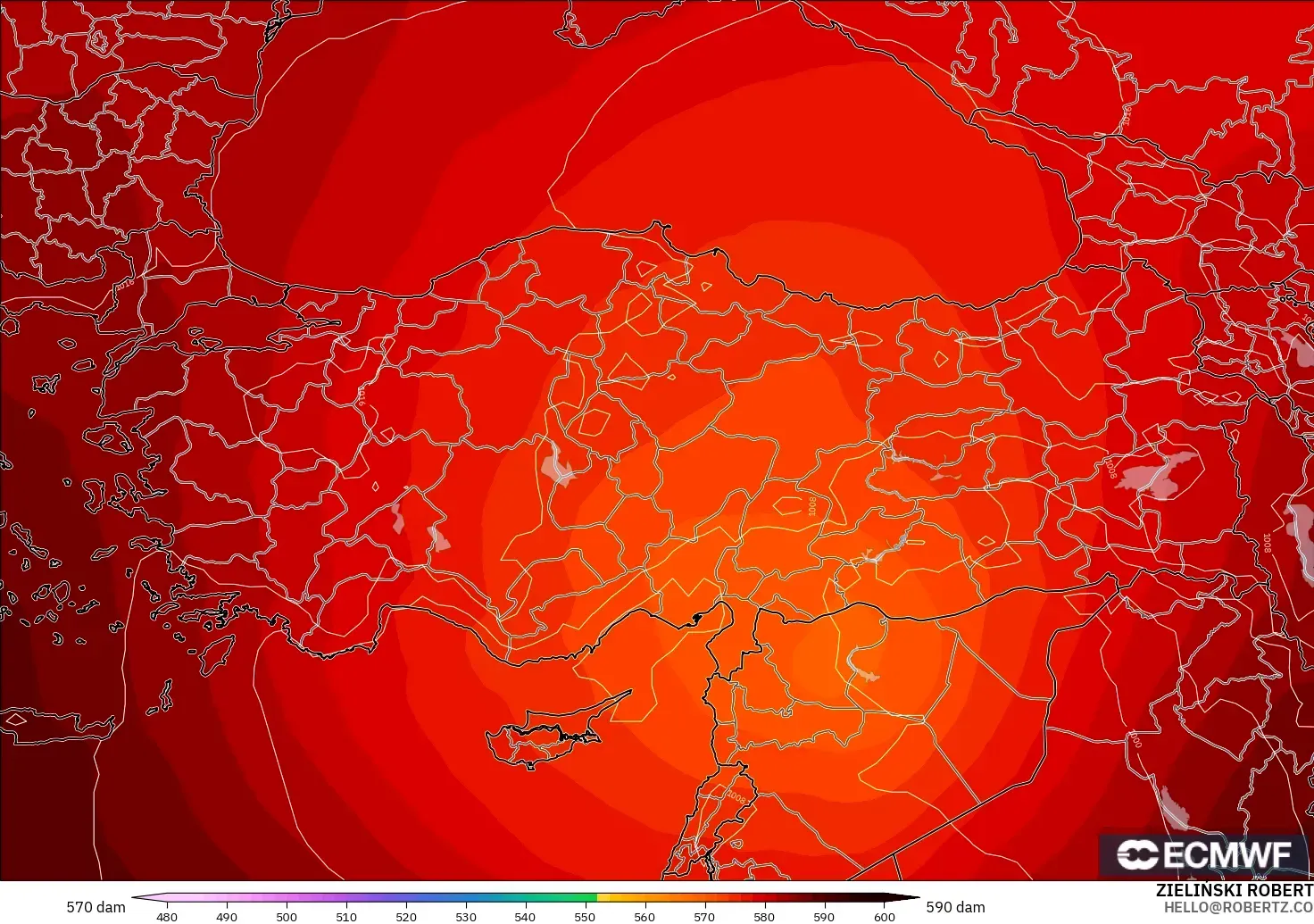ECMWF IFS 0.25° モデル - トルコ, 500hPaのジオポテンシャル高度