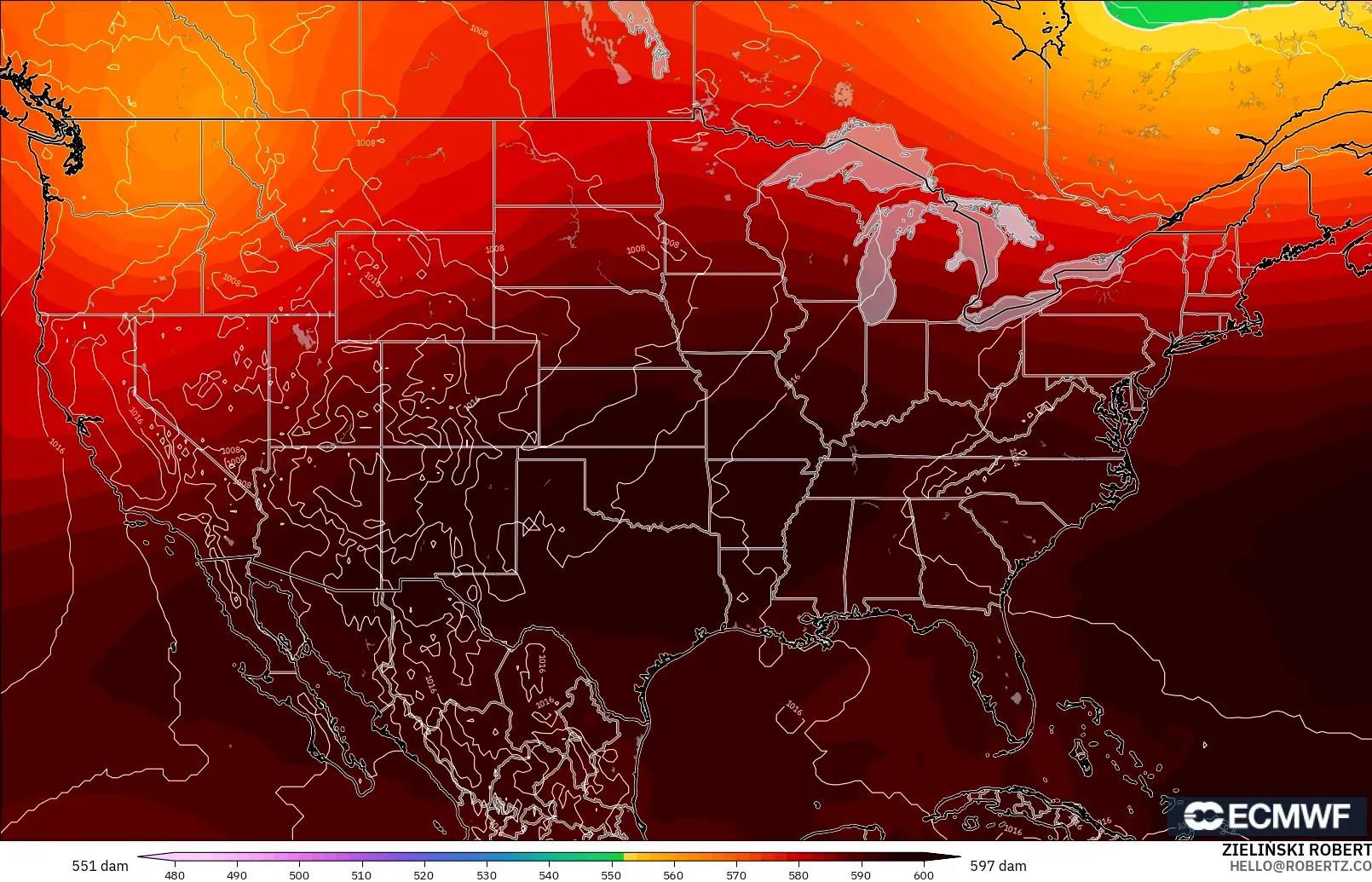 ECMWF IFS 0.25° モデル - アメリカ合衆国, 500hPaのジオポテンシャル高度
