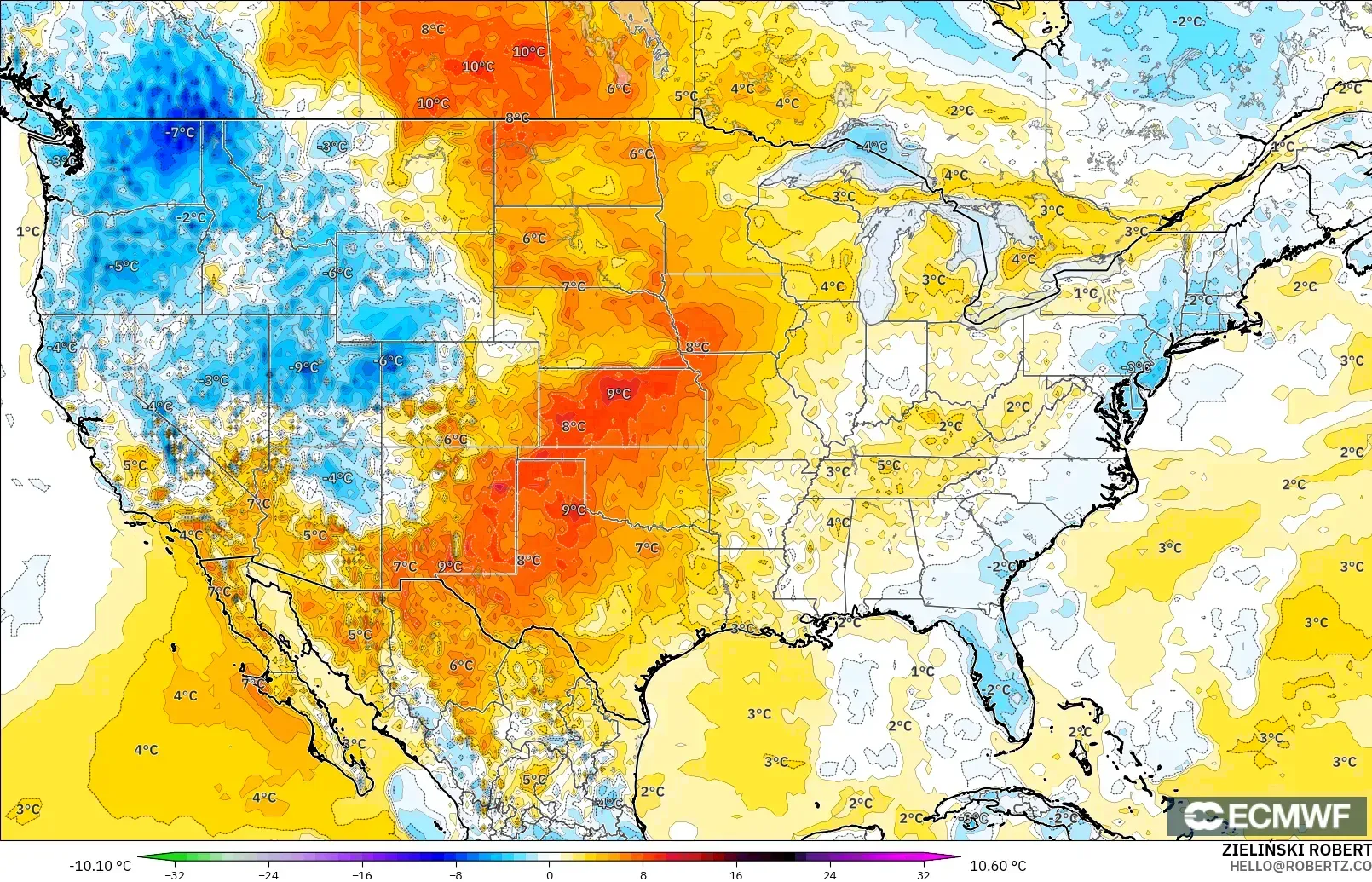 ECMWF IFS 0.25° モデル - アメリカ合衆国, 気温異常（2m）
