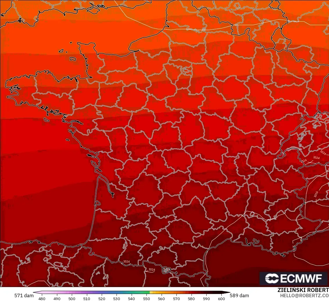 ECMWF IFS 0.25° モデル - フランス, 500hPaのジオポテンシャル高度