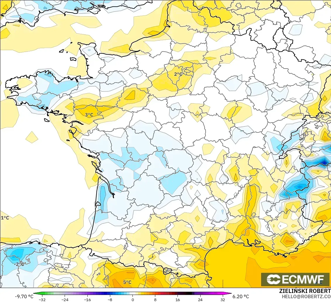 ECMWF IFS 0.25° モデル - フランス, 気温異常（2m）