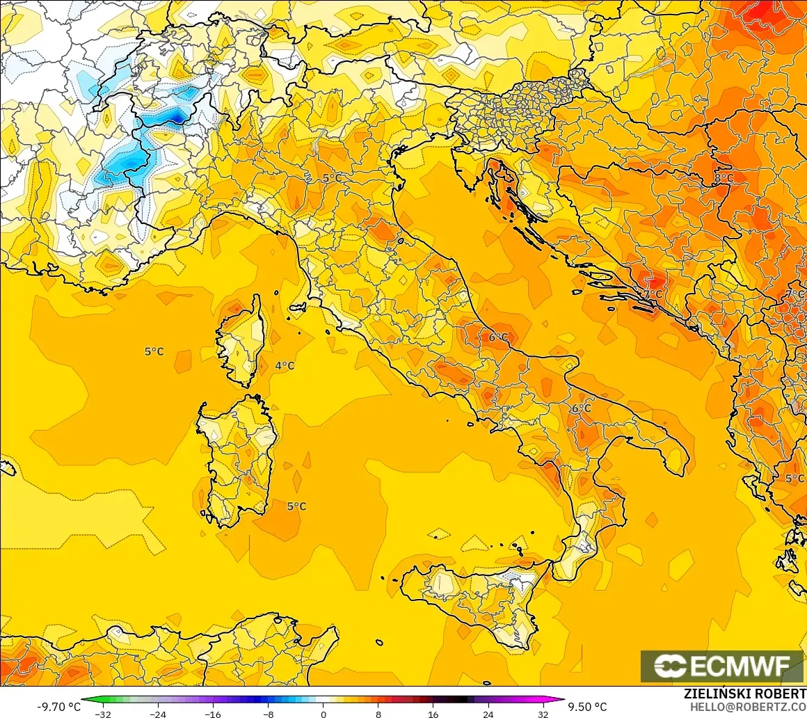 ECMWF IFS 0.25° モデル - イタリア, 気温異常（2m）