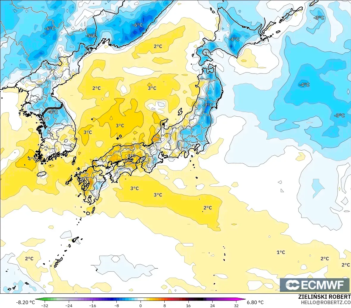 ECMWF IFS 0.25° モデル - 日本, 気温異常（2m）