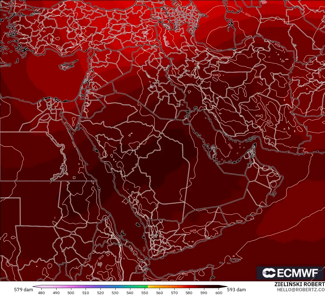 ECMWF IFS 0.25° モデル - 中東, 500hPaのジオポテンシャル高度