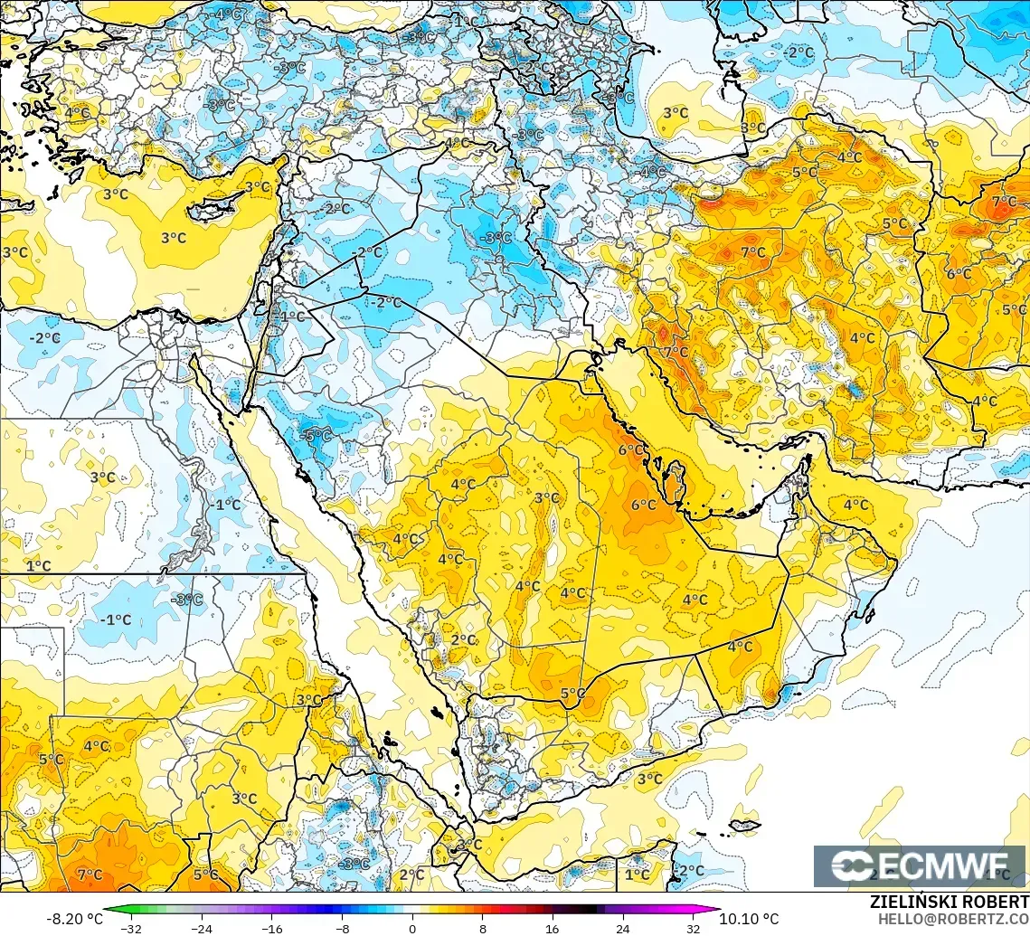ECMWF IFS 0.25° モデル - 中東, 気温異常（2m）