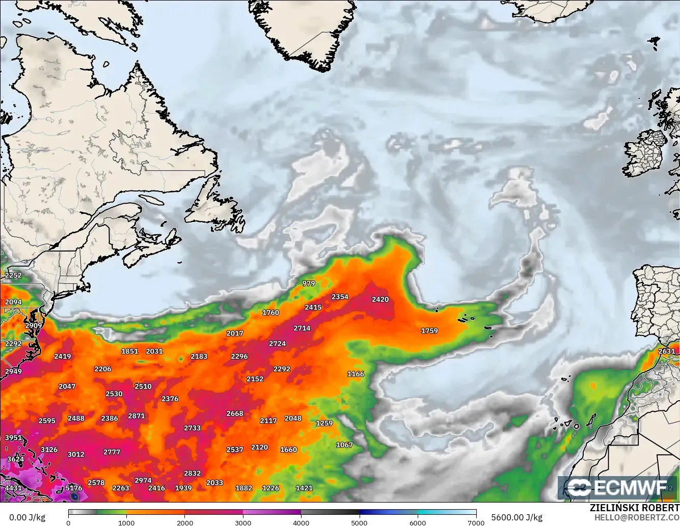 ECMWF IFS 0.25° モデル - 北大西洋, CAPE