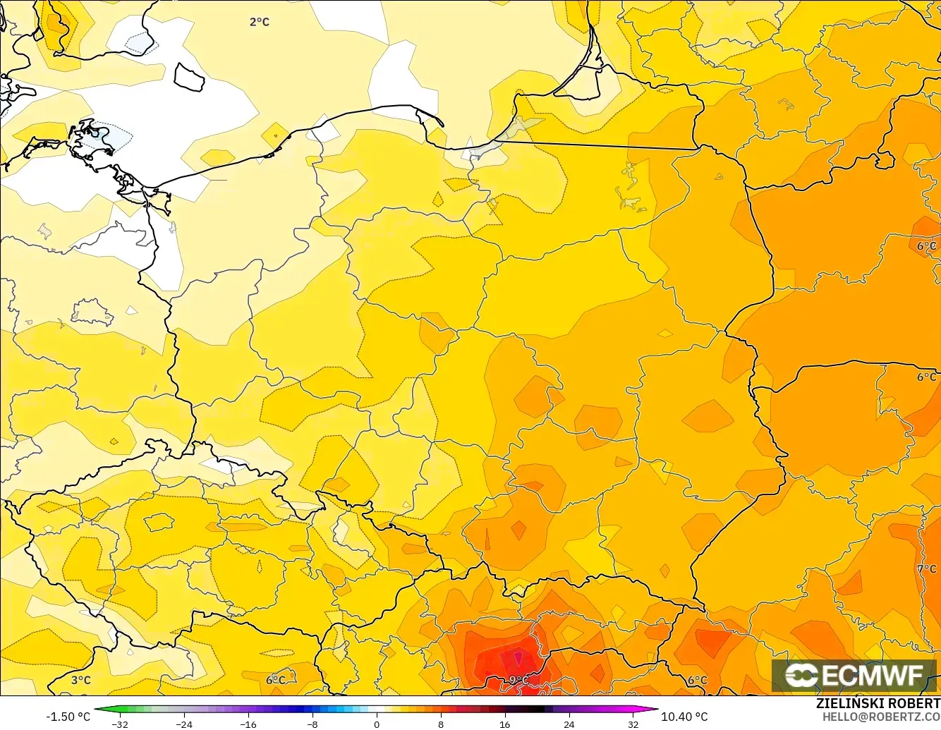 ECMWF IFS 0.25° モデル - ポーランド, 気温異常（2m）