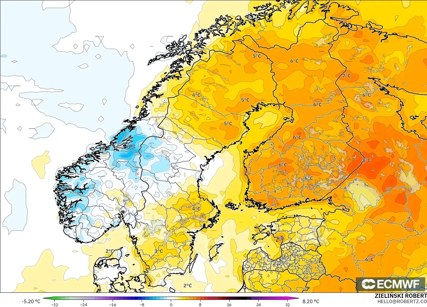 ECMWF IFS 0.25° モデル - スカンジナビア, 気温異常（2m）
