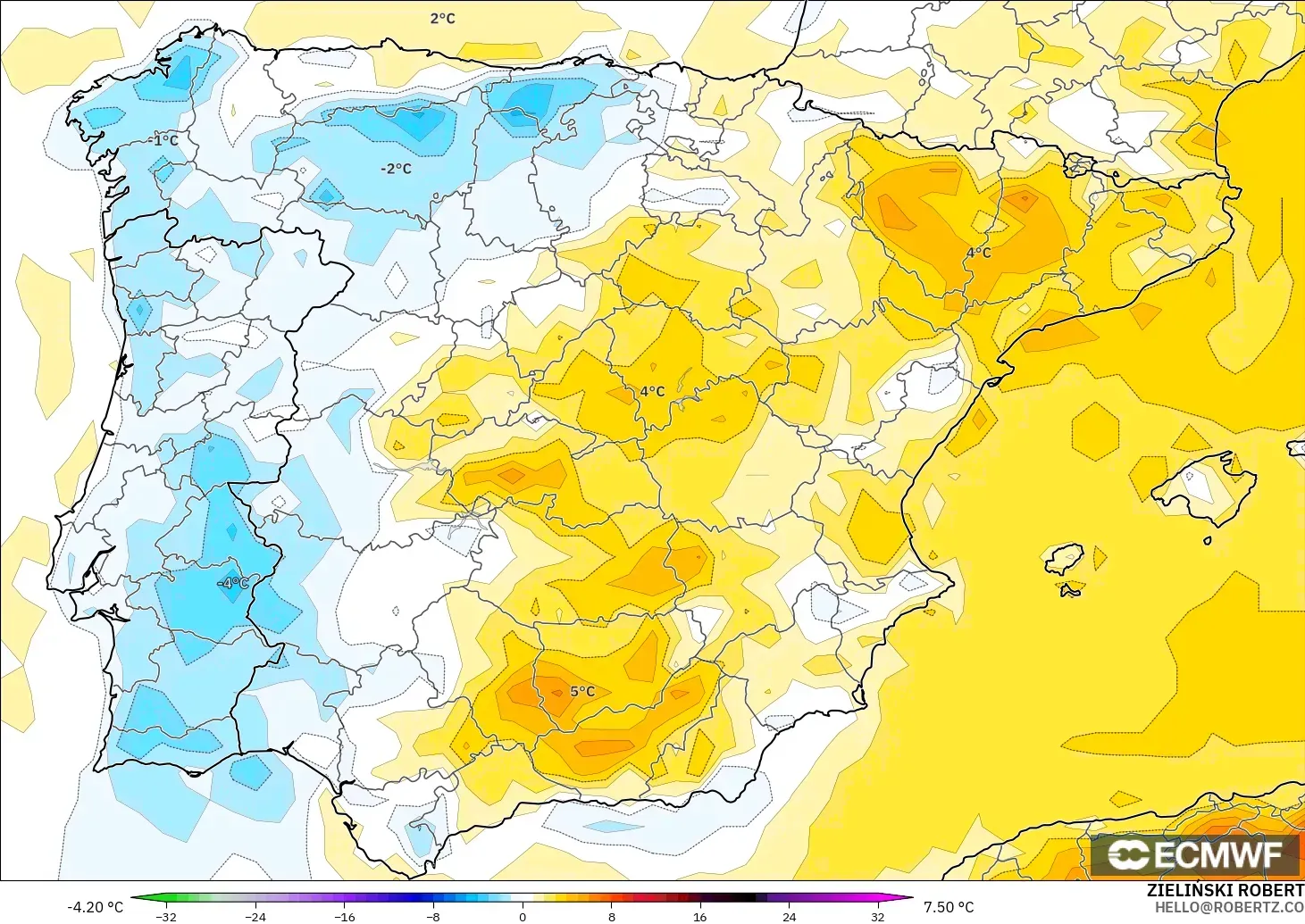 ECMWF IFS 0.25° モデル - スペイン, 気温異常（2m）