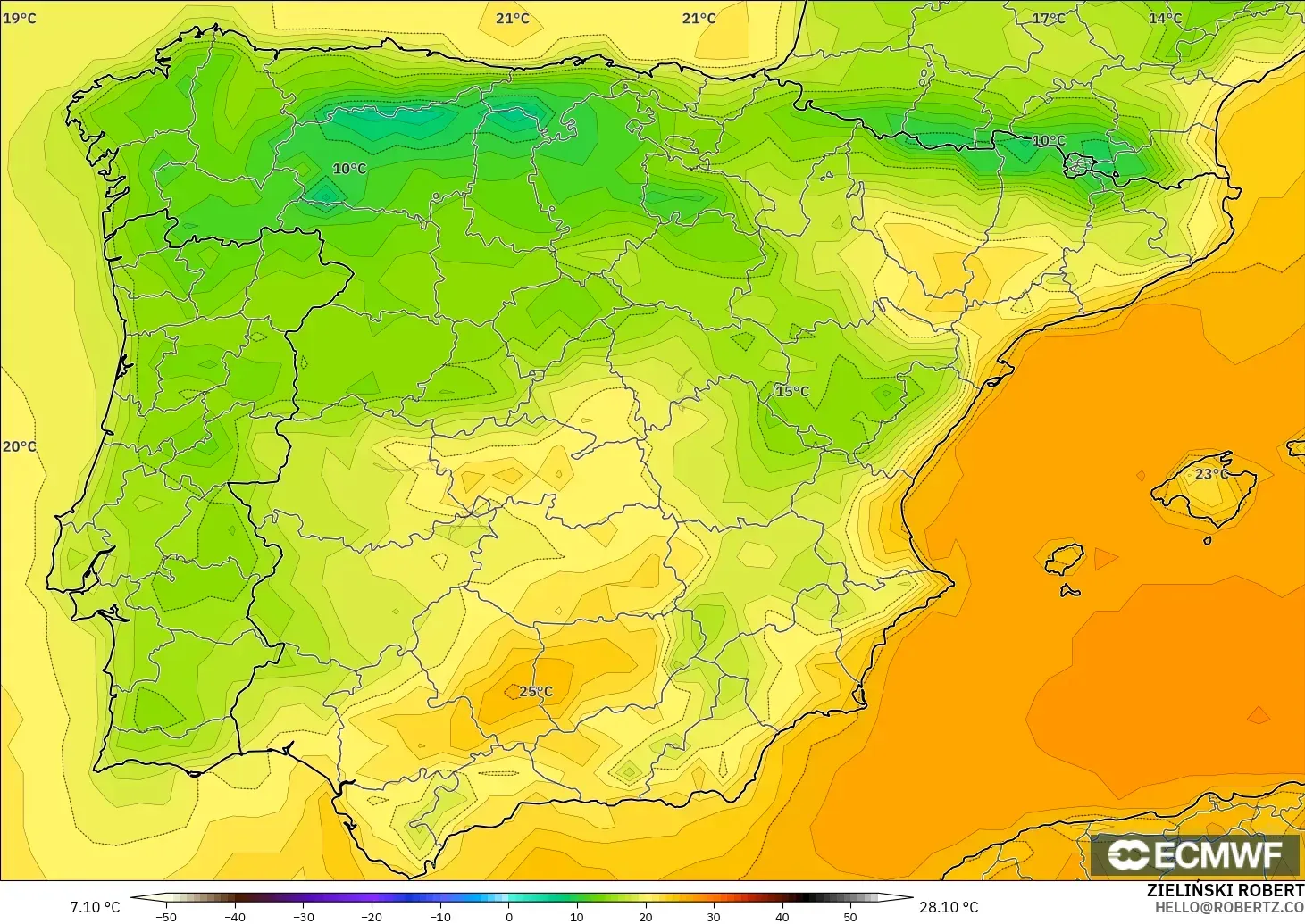 ECMWF IFS 0.25° モデル - スペイン, 気温（2m）