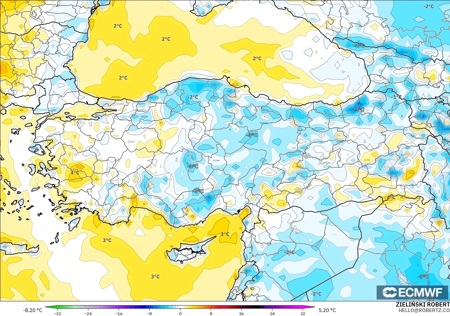 ECMWF IFS 0.25° モデル - トルコ, 気温異常（2m）