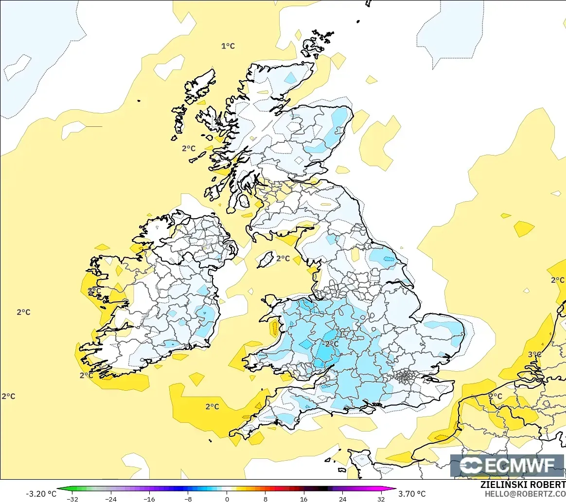 ECMWF IFS 0.25° モデル - イギリス, 気温異常（2m）