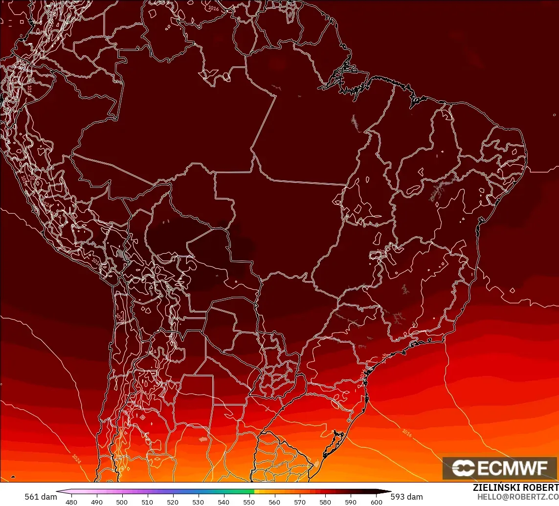ECMWF IFS 0.25° モデル - ブラジル, 500hPaのジオポテンシャル高度