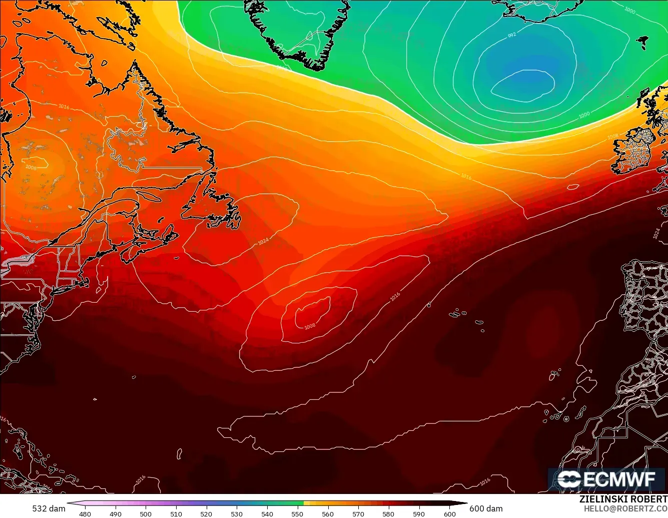 ECMWF IFS 0.25° モデル - 北大西洋, 500hPaのジオポテンシャル高度