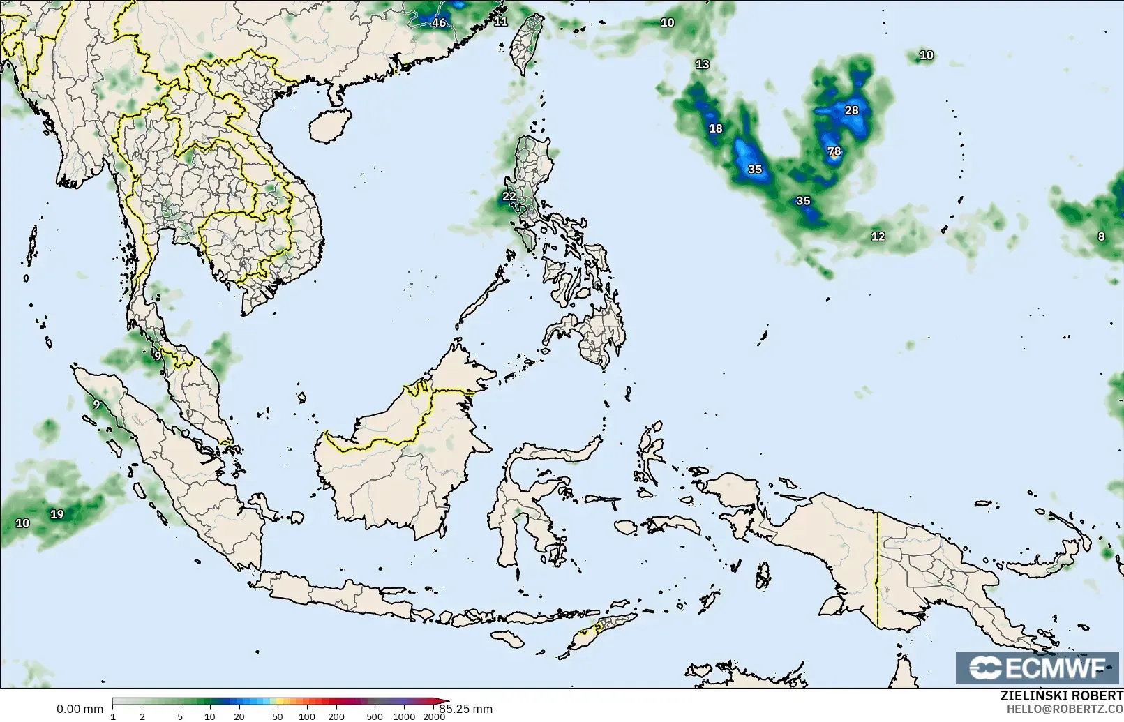 ECMWF IFS 0.25° モデル - 東南アジア, 降水量の合計