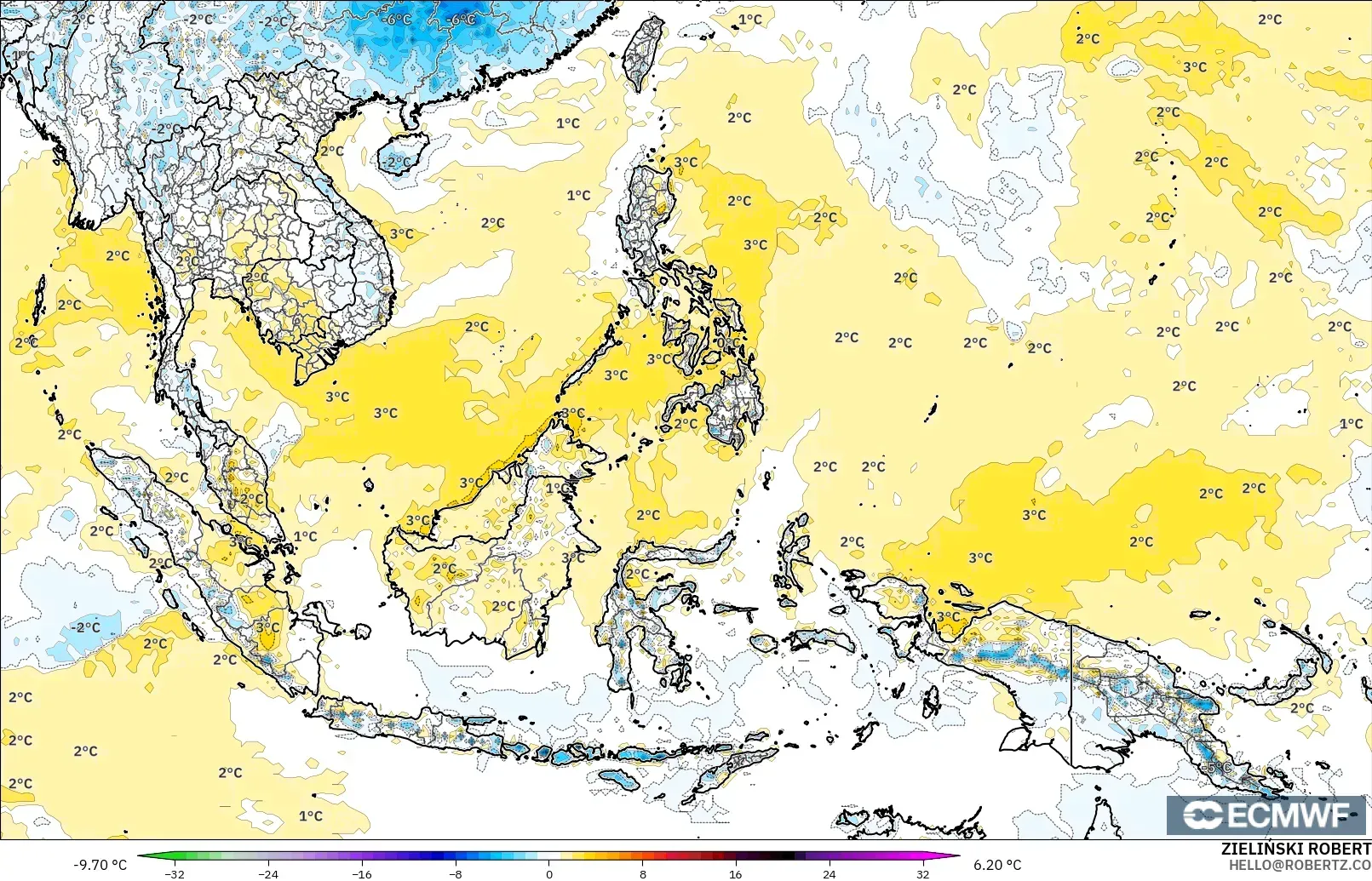 ECMWF IFS 0.25° モデル - 東南アジア, 気温異常（2m）