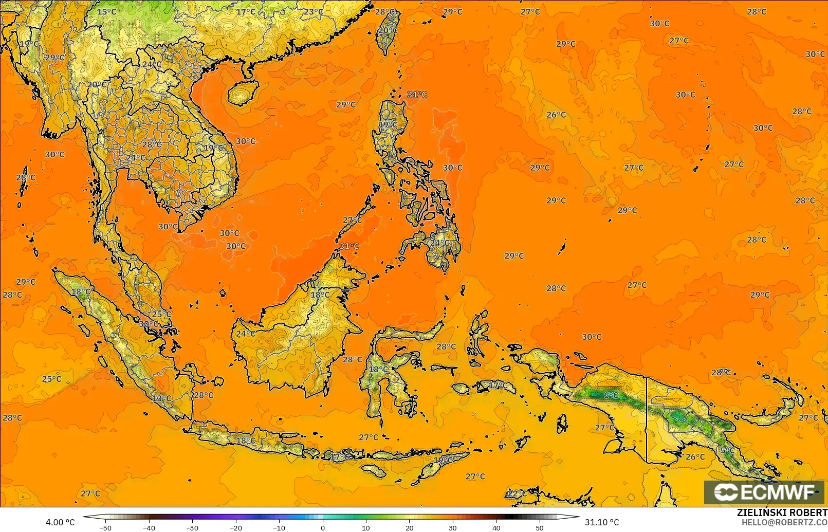ECMWF IFS 0.25° モデル - 東南アジア, 気温（2m）