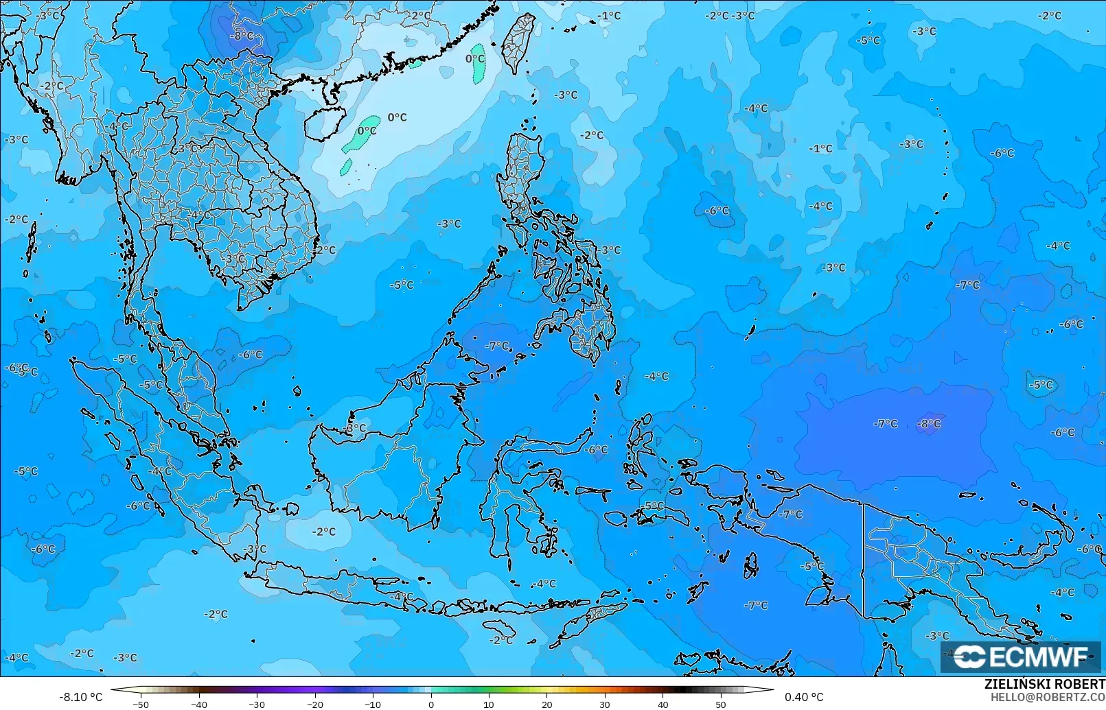 ECMWF IFS 0.25° モデル - 東南アジア, 気温（500hPa）