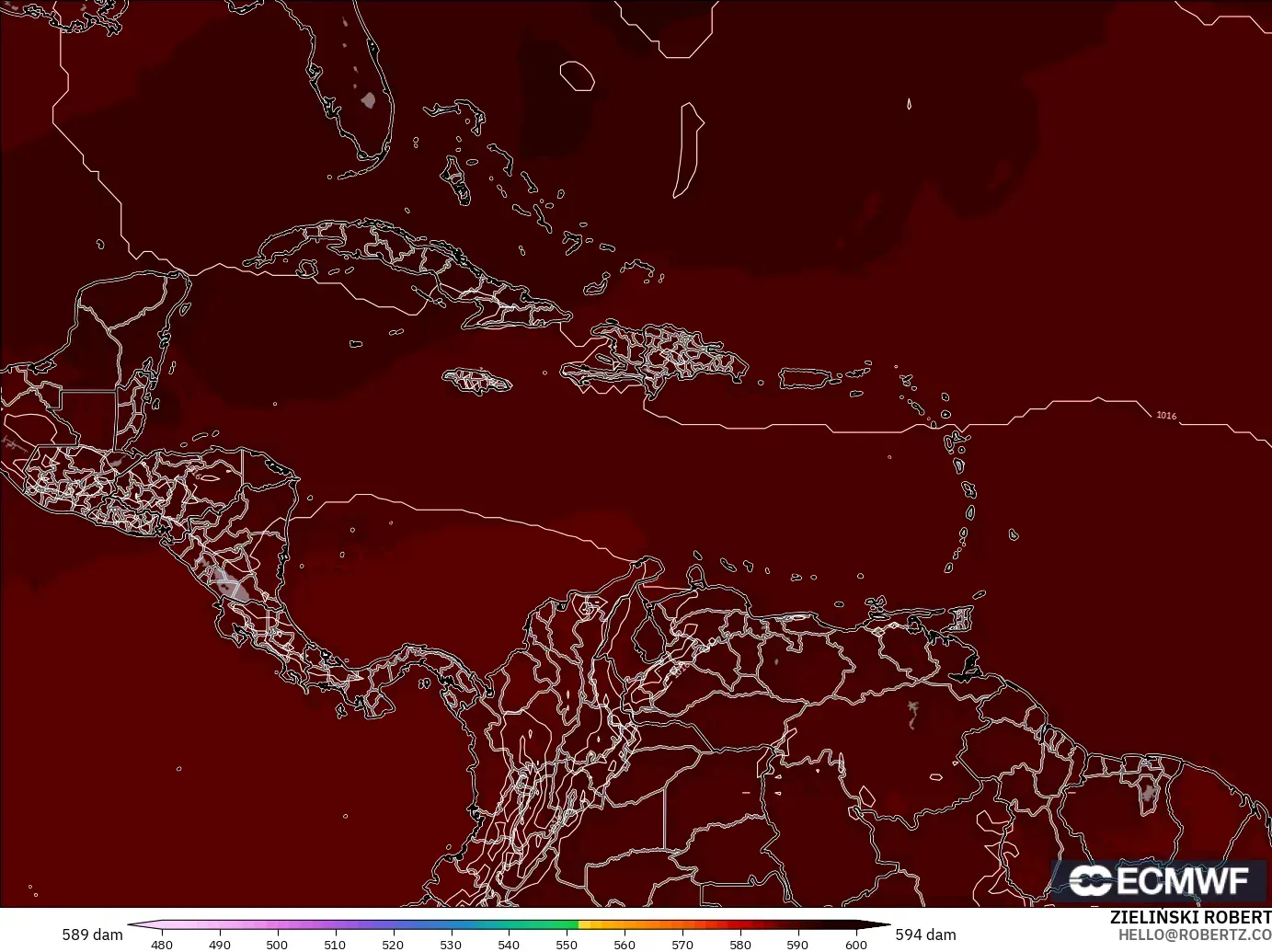 ECMWF IFS 0.25° モデル - カリブ海, 500hPaのジオポテンシャル高度