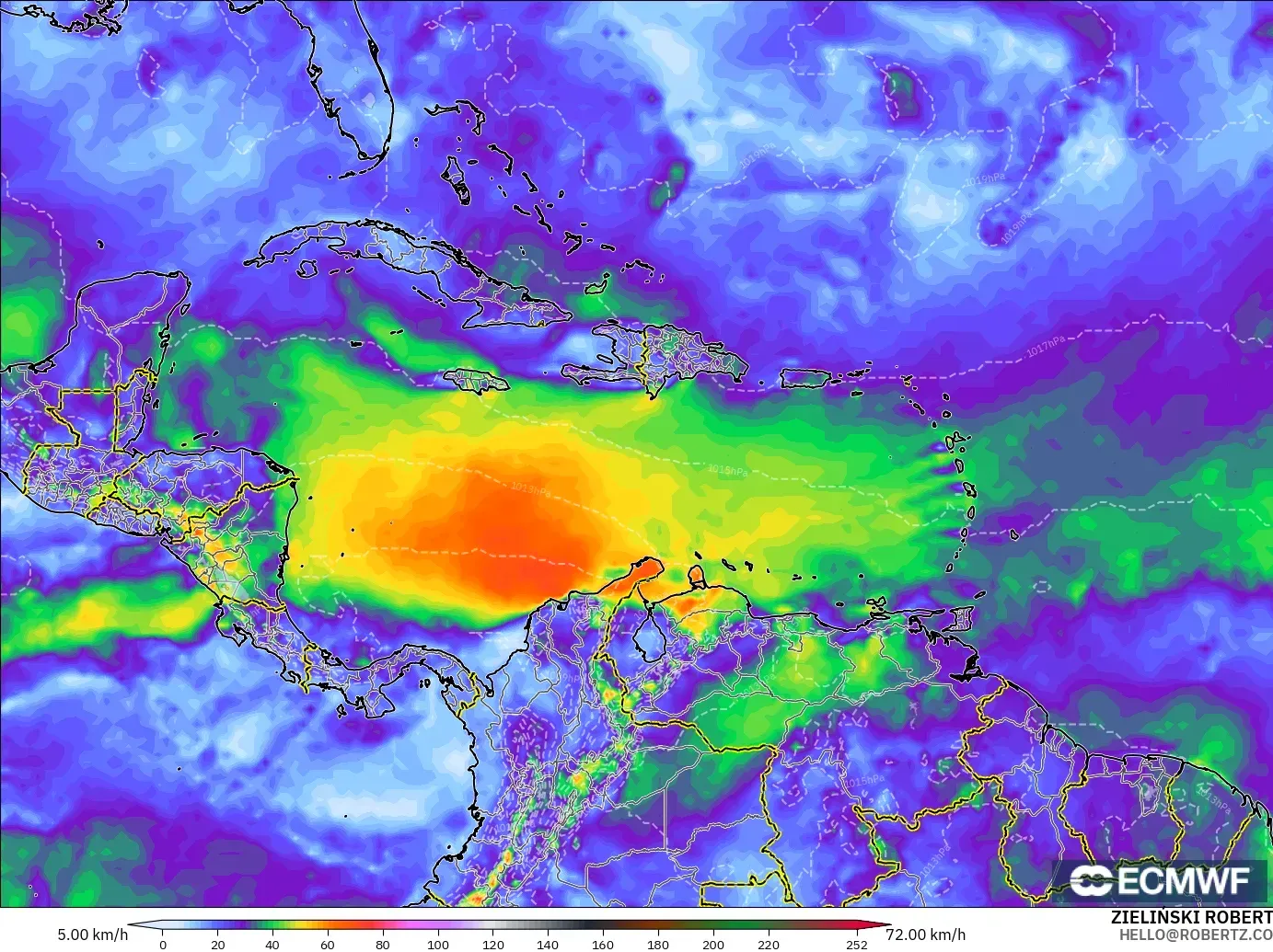 ECMWF IFS 0.25° モデル - カリブ海, 突風