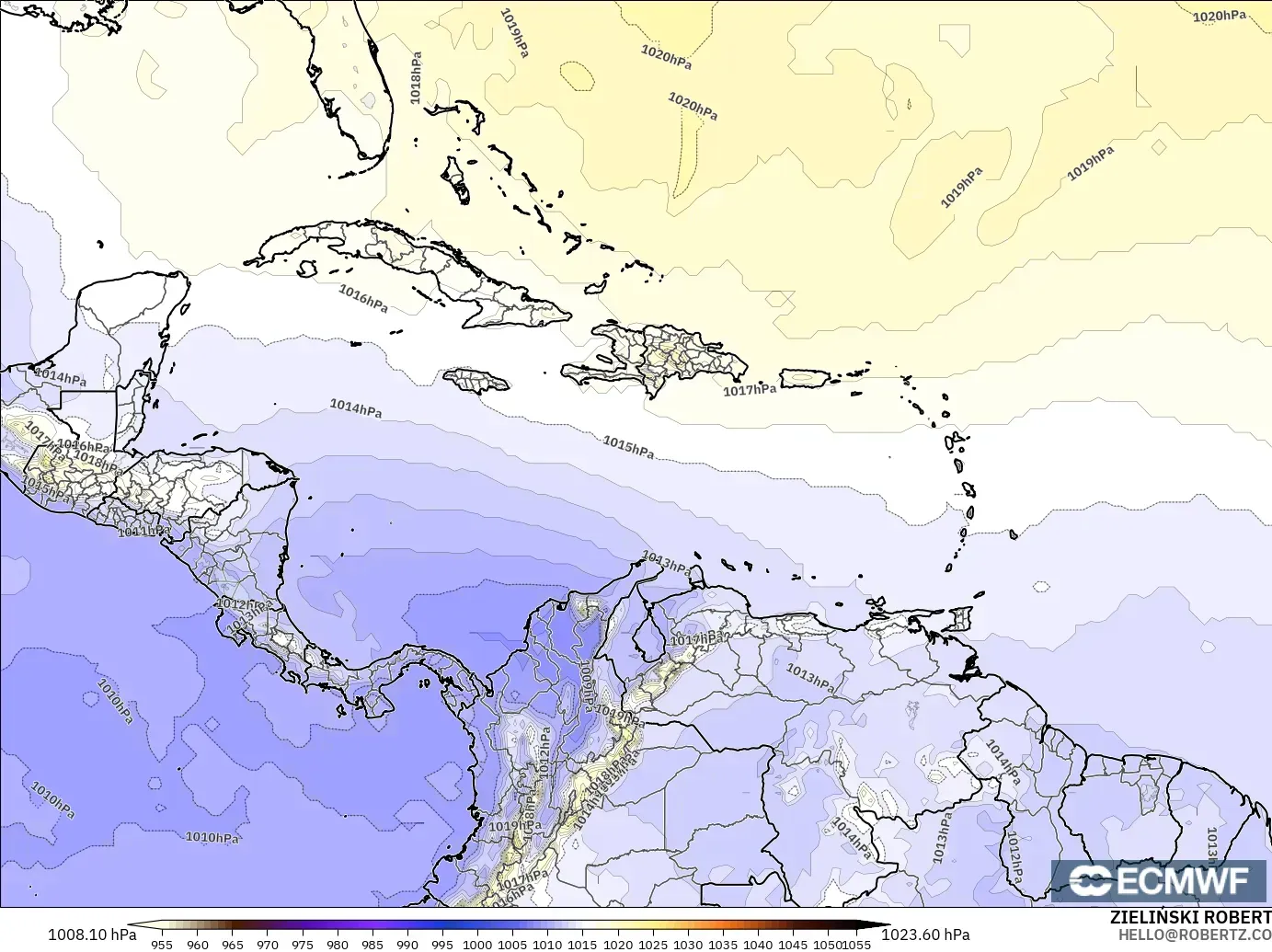 ECMWF IFS 0.25° モデル - カリブ海, 気圧