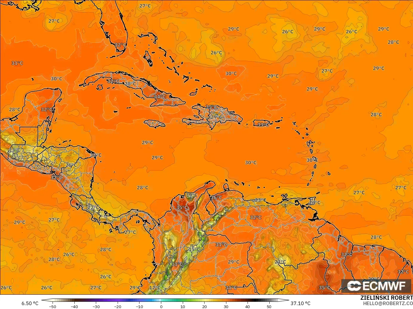 ECMWF IFS 0.25° モデル - カリブ海, 気温（2m）