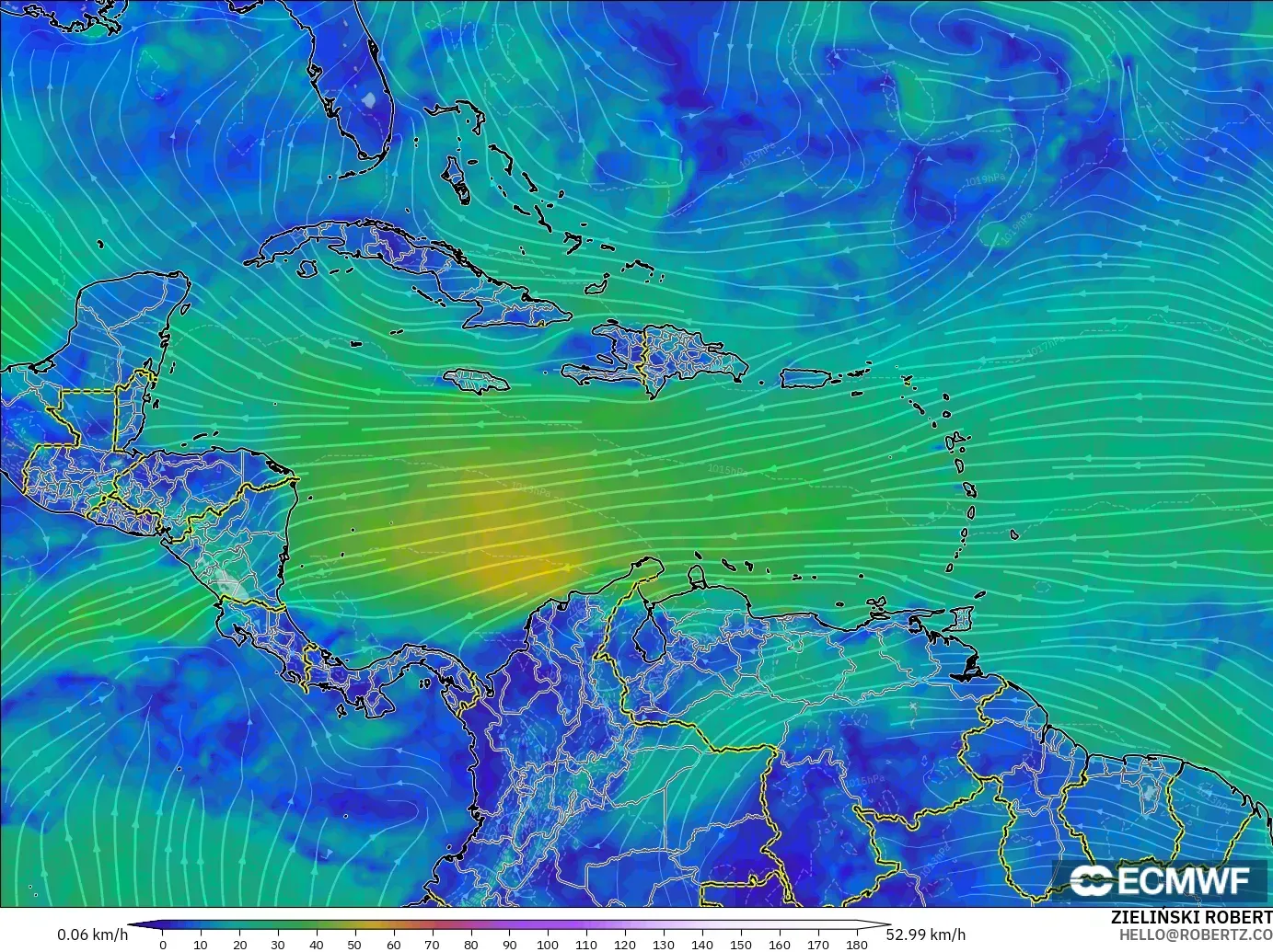 ECMWF IFS 0.25° モデル - カリブ海, 風速（10m）