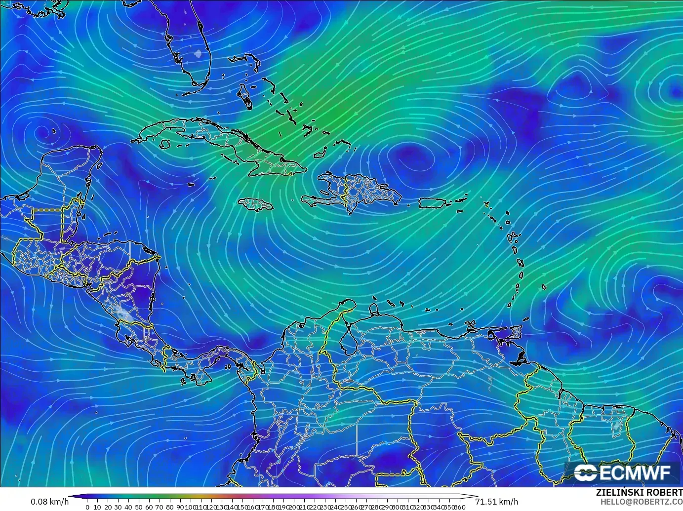 ECMWF IFS 0.25° モデル - カリブ海, 風速（300hPa）
