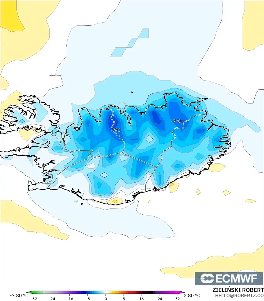ECMWF IFS 0.25° モデル - アイスランド, 気温異常（2m）