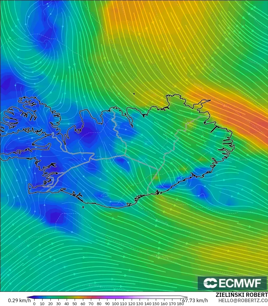 ECMWF IFS 0.25° モデル - アイスランド, 風速（10m）