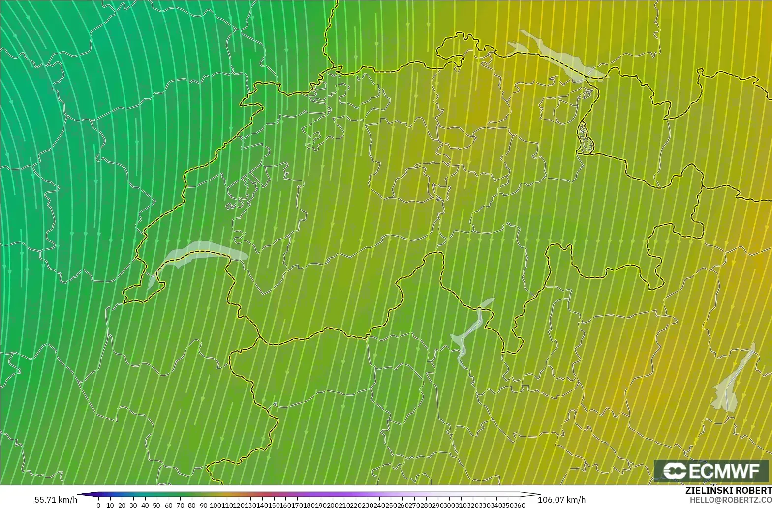 ECMWF IFS 0.25° モデル - スイス, 風速（300hPa）