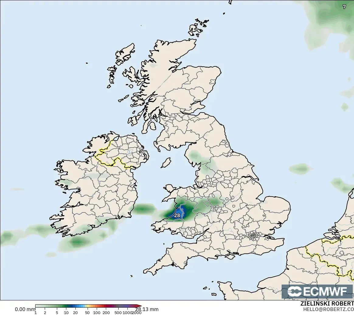 ECMWF IFS 0.25° モデル - イギリス, 降水量の合計