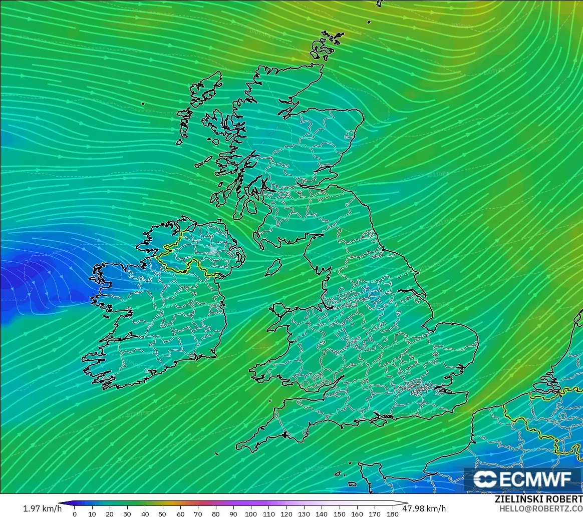 ECMWF IFS 0.25° モデル - イギリス, 風速（10m）