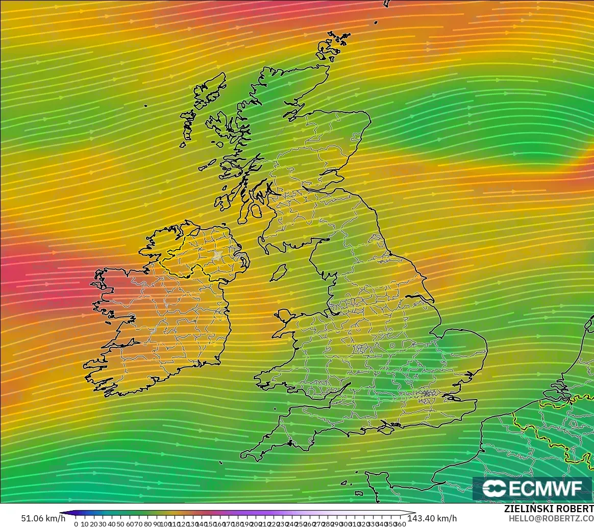 ECMWF IFS 0.25° モデル - イギリス, 風速（300hPa）