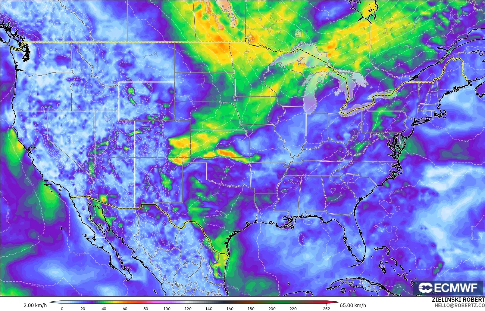 ECMWF IFS 0.25° モデル - アメリカ合衆国, 突風（最大）