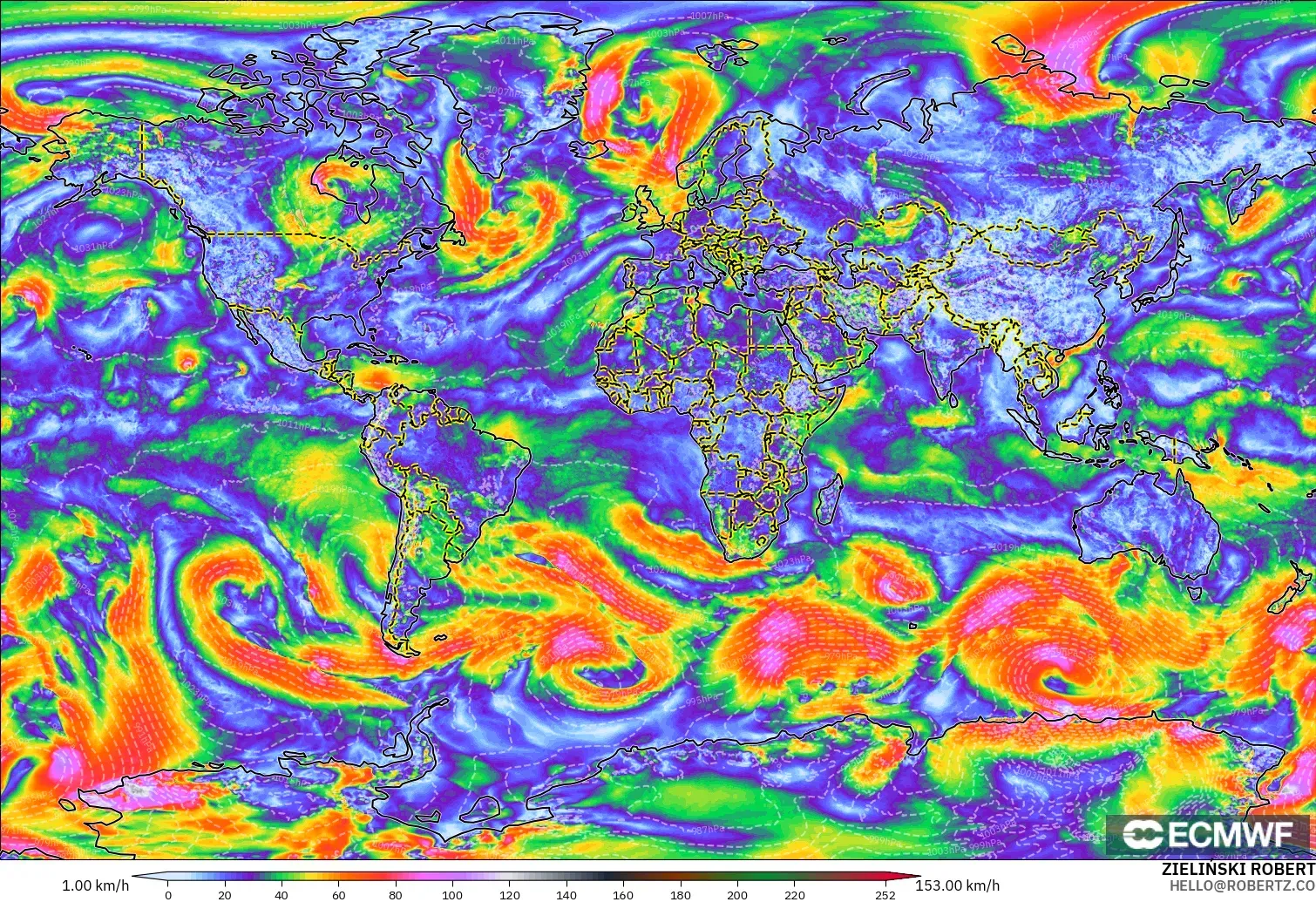 ECMWF IFS 0.25° モデル - 世界, 突風（最大）