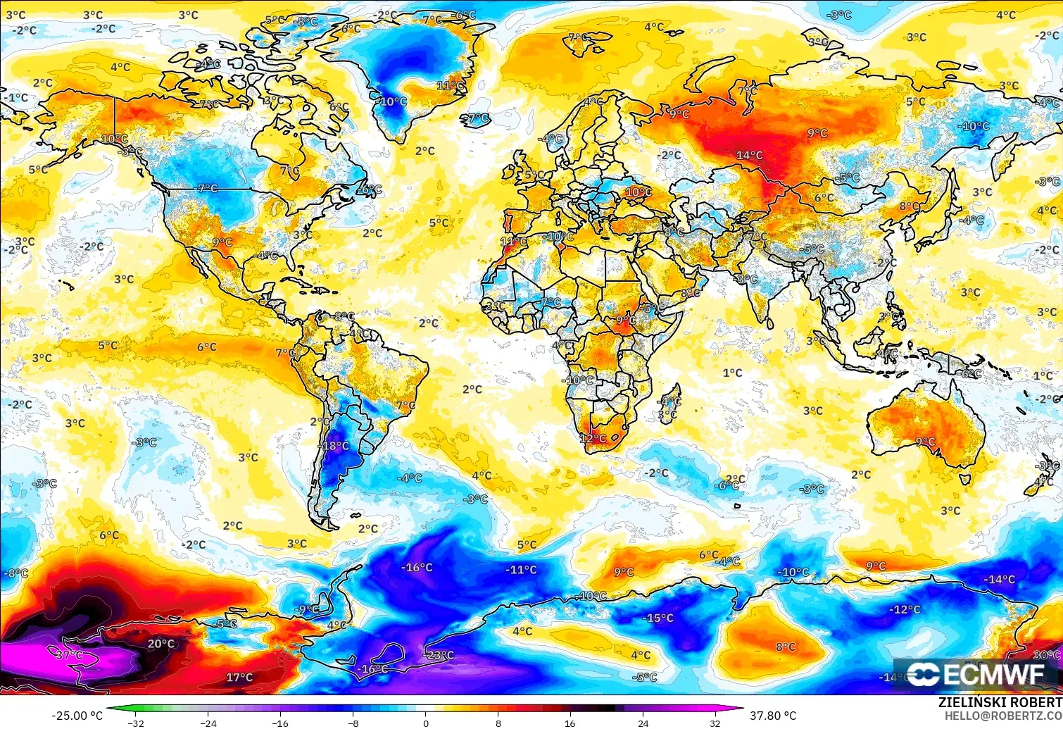 ECMWF IFS 0.25° モデル - 世界, 気温異常（2m）